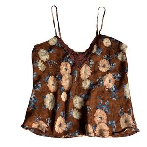 Vintage Silkscreen Silk Floral Cami Brown Crochet Lace Trim Tank Top Size Medium